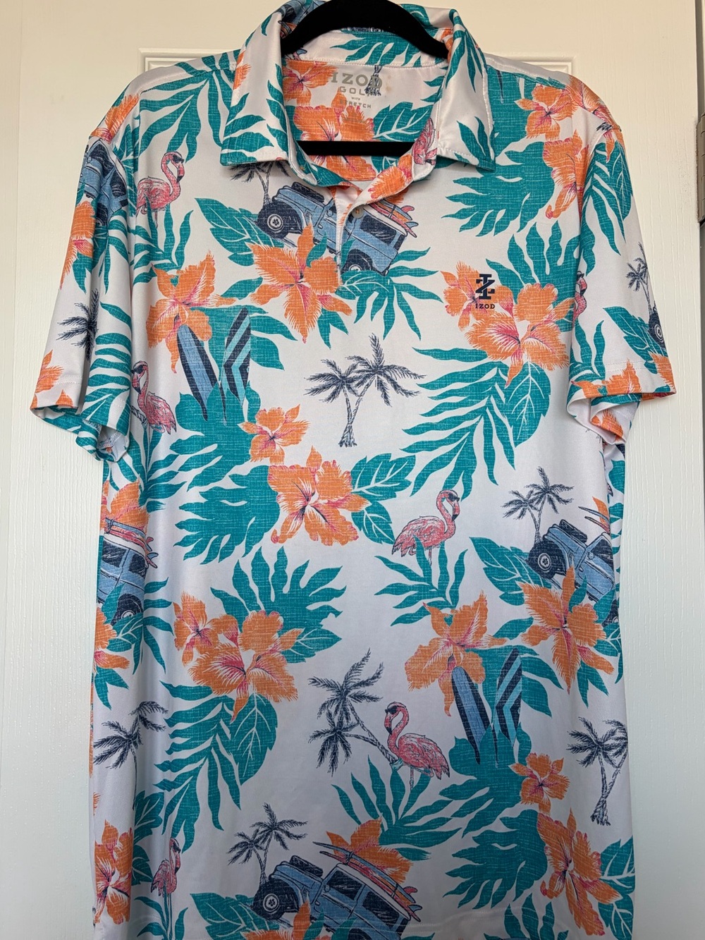 Izod Golf Mens Tropical Hawaiian Floral Polo Flamingo Print White Sz L